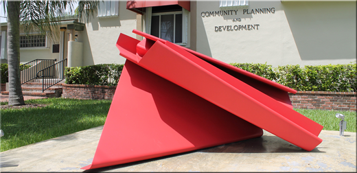 Community Planning and Development Building with Red Sculpture